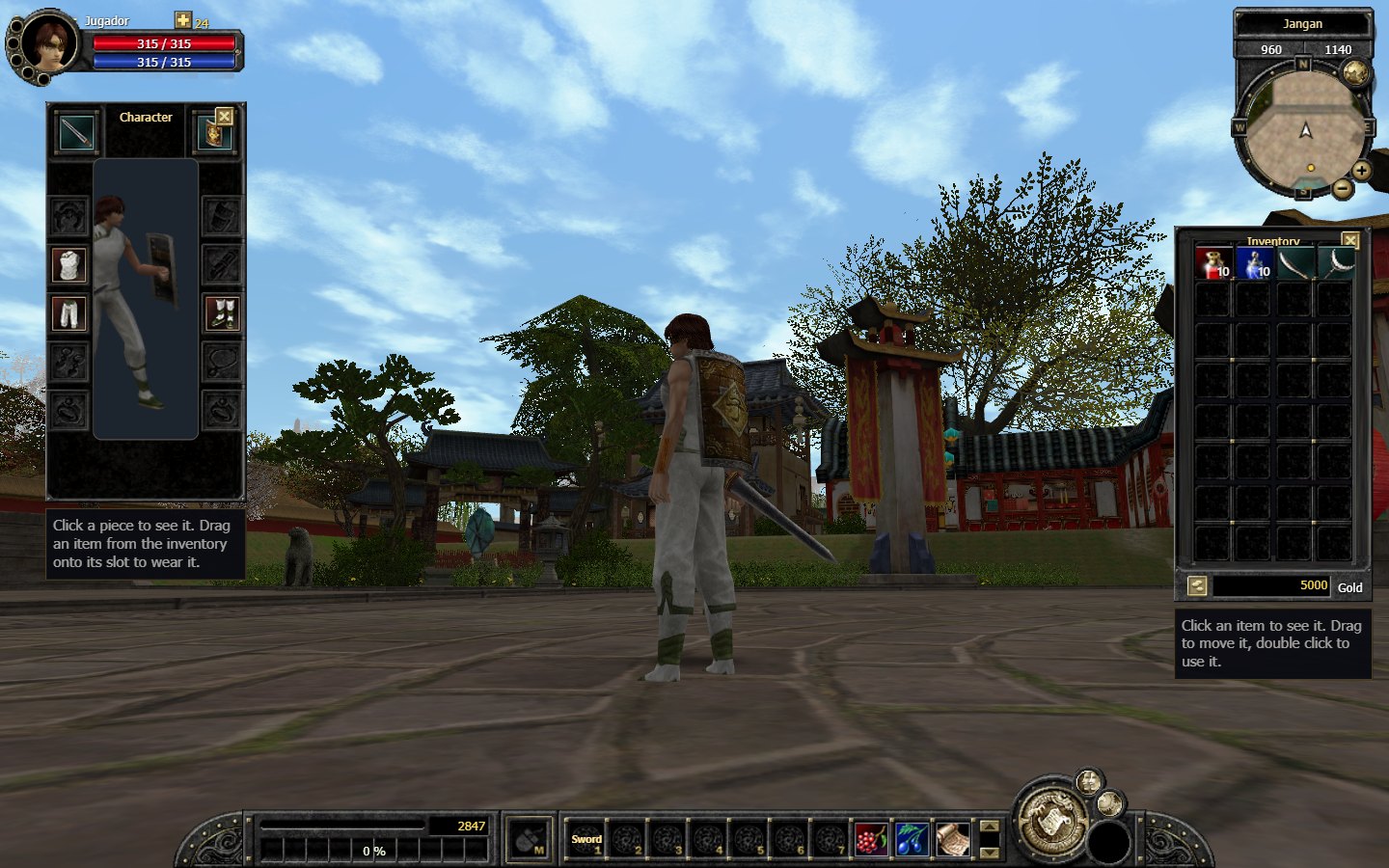 The inventory and equipment windows with the dressed character shown in 3D.
