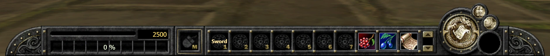 The bottom bar of the game as the port draws it from that layout: the quick slots, the experience cells and the menu.