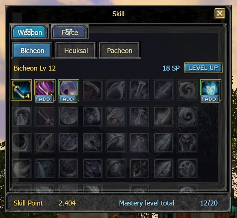 The skills window of the original client, drawn by the port, with a mastery raised and five skills learned.