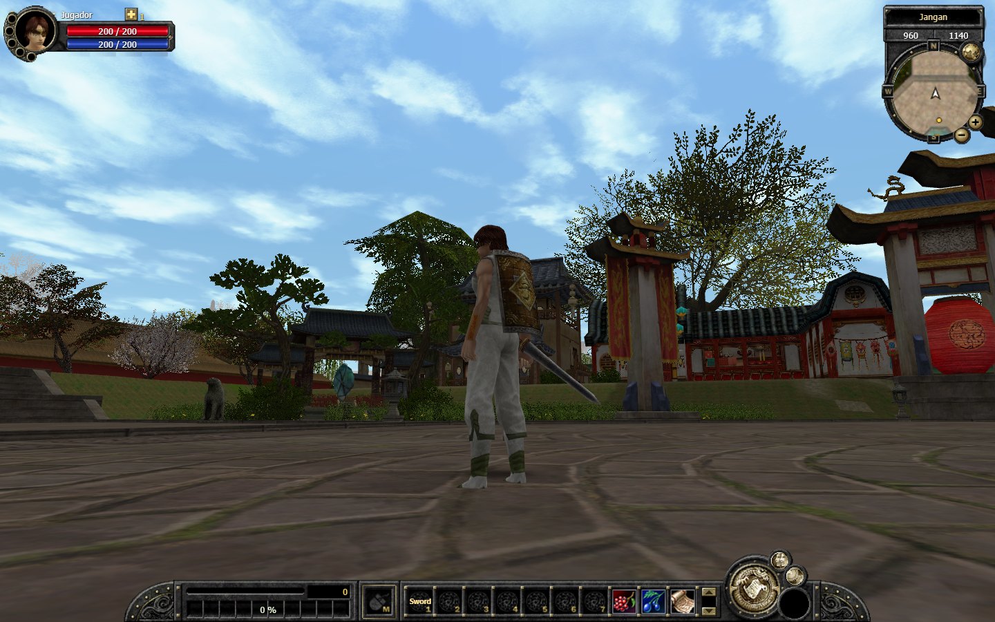 The port: a swordsman in the town of Jangan, with the original bottom bar, player window and minimap.
